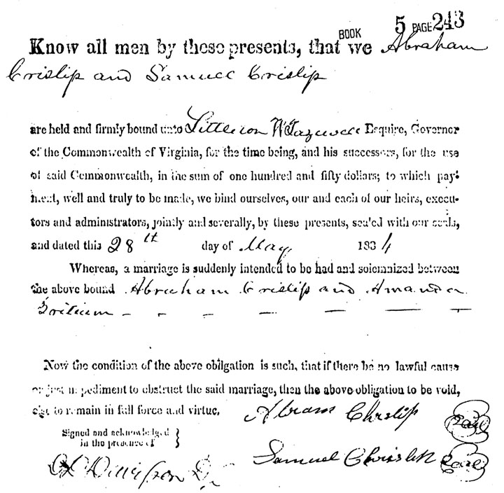 Abram and Amanda's marriage bond.