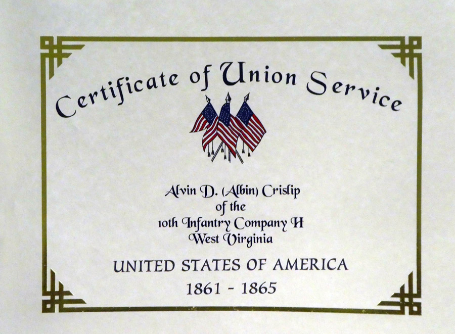 Alvin Crislip Certificate of Union Service