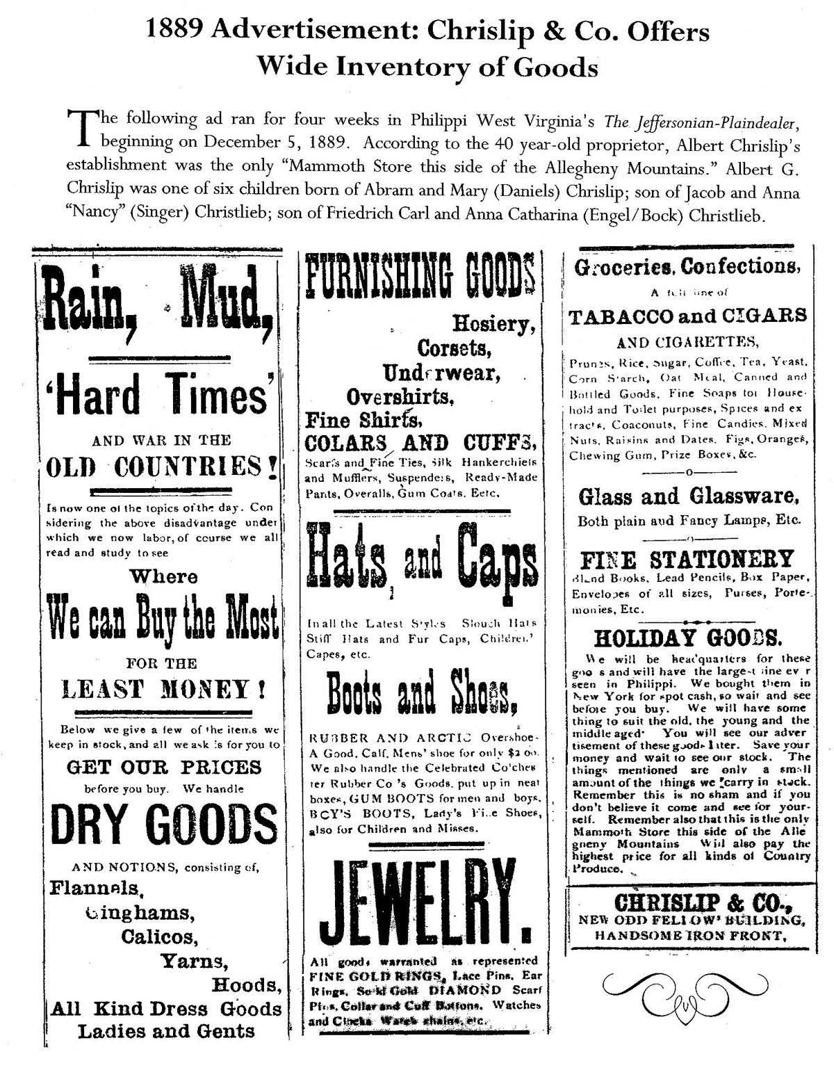 Albert Chrislip's store ad