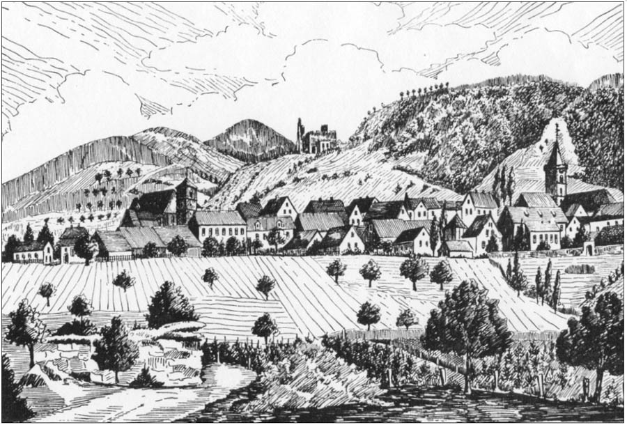 Durkheim engraving showing Limburg Ruin in background