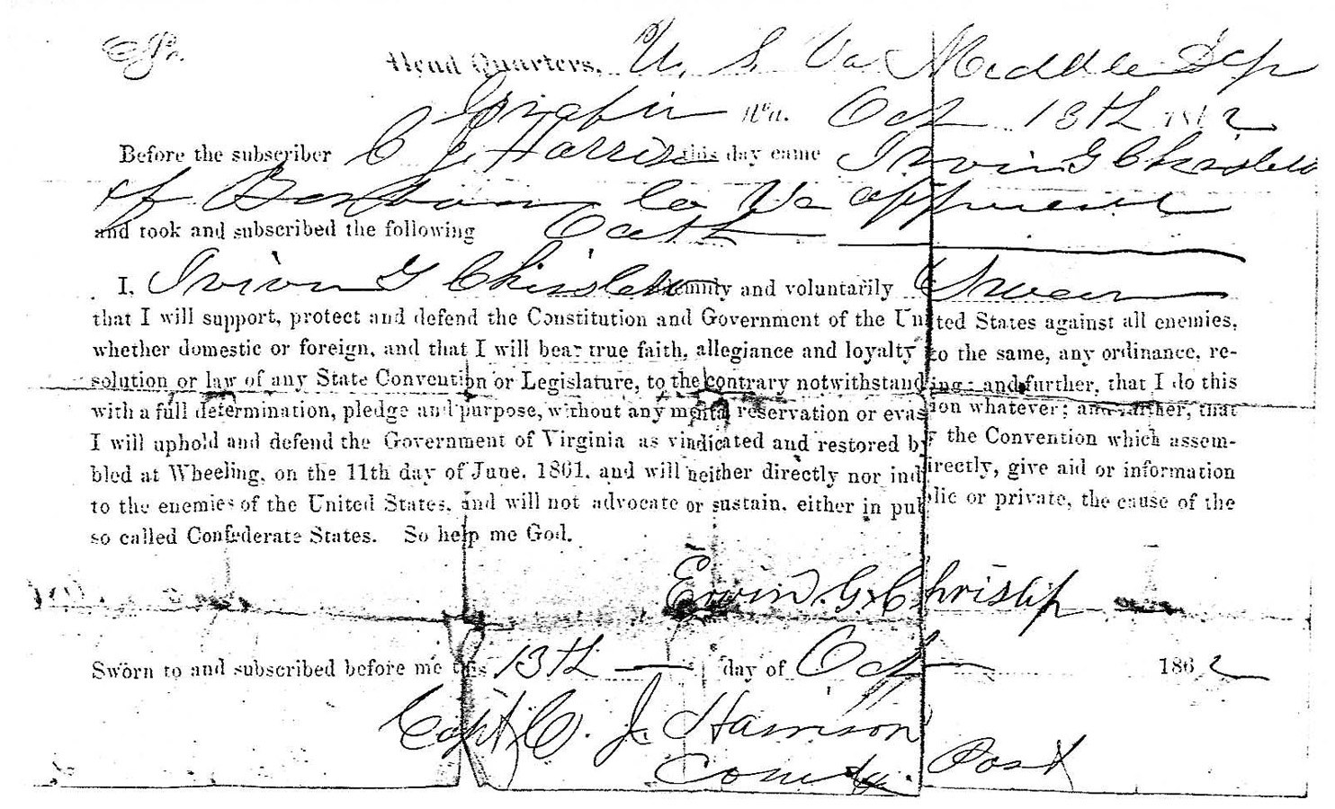 Ervin Chrislip Union Army Enlistment Document