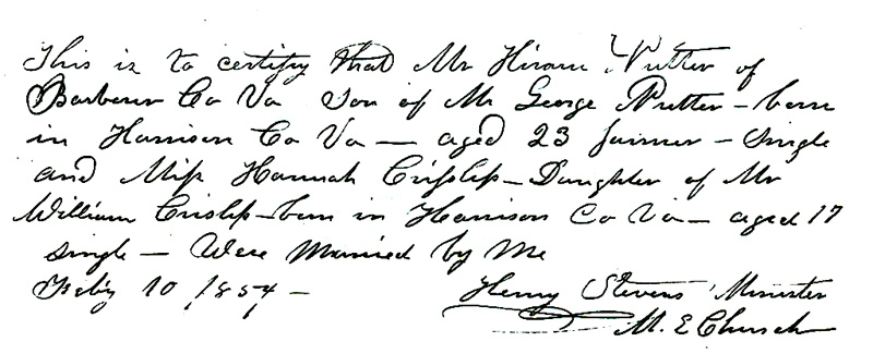 Hannah Lettie Chrislip and Hiram Nutter Marriage License