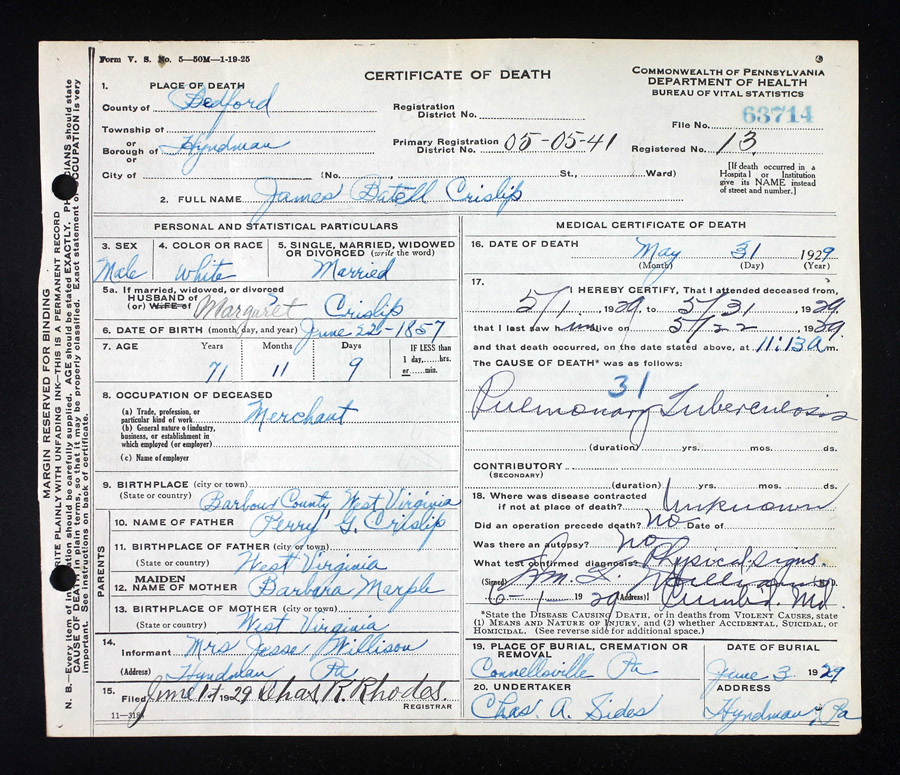 James Battelle Crislip Death Certificate