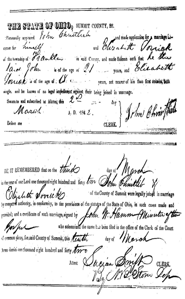 John Christlieb & Elizabeth Sorrick - Marriage Documents