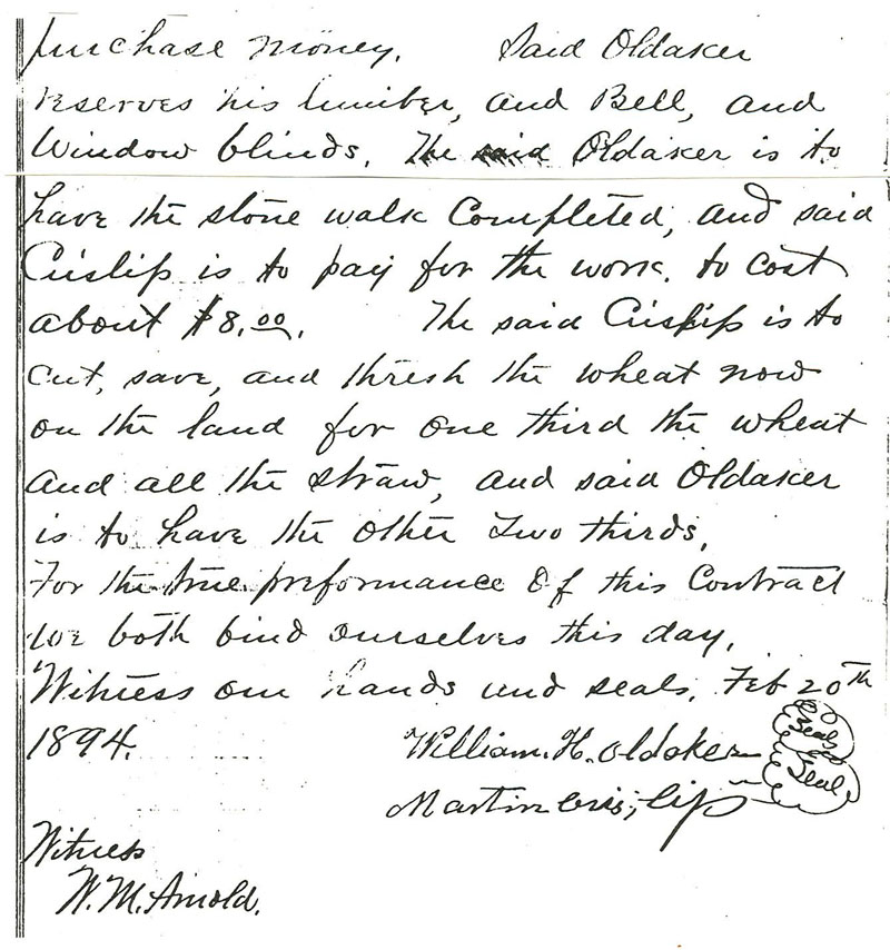 Martin Luther Crislip Land Contract with William Oldaker, p. 2