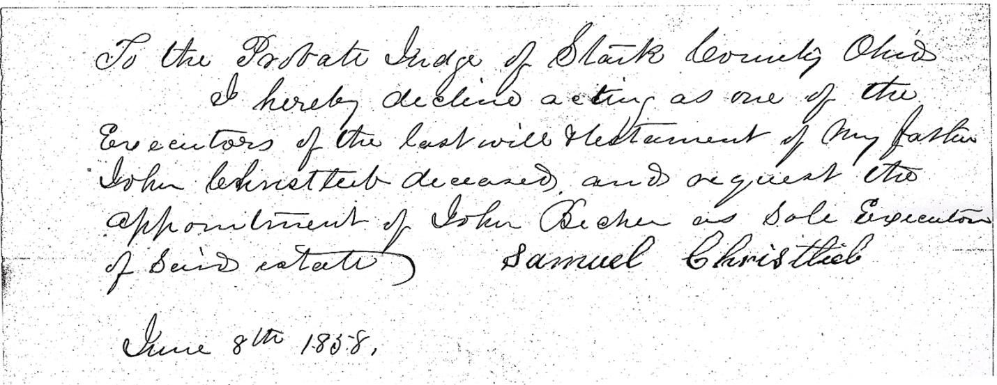 Samuel Christlieb's Declination of co-Executorship.